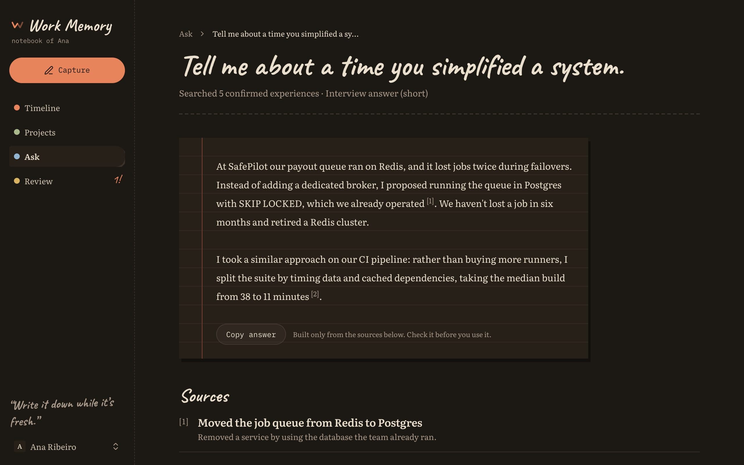 An answer with its sources. Loosely related experiences are listed apart and never used.
