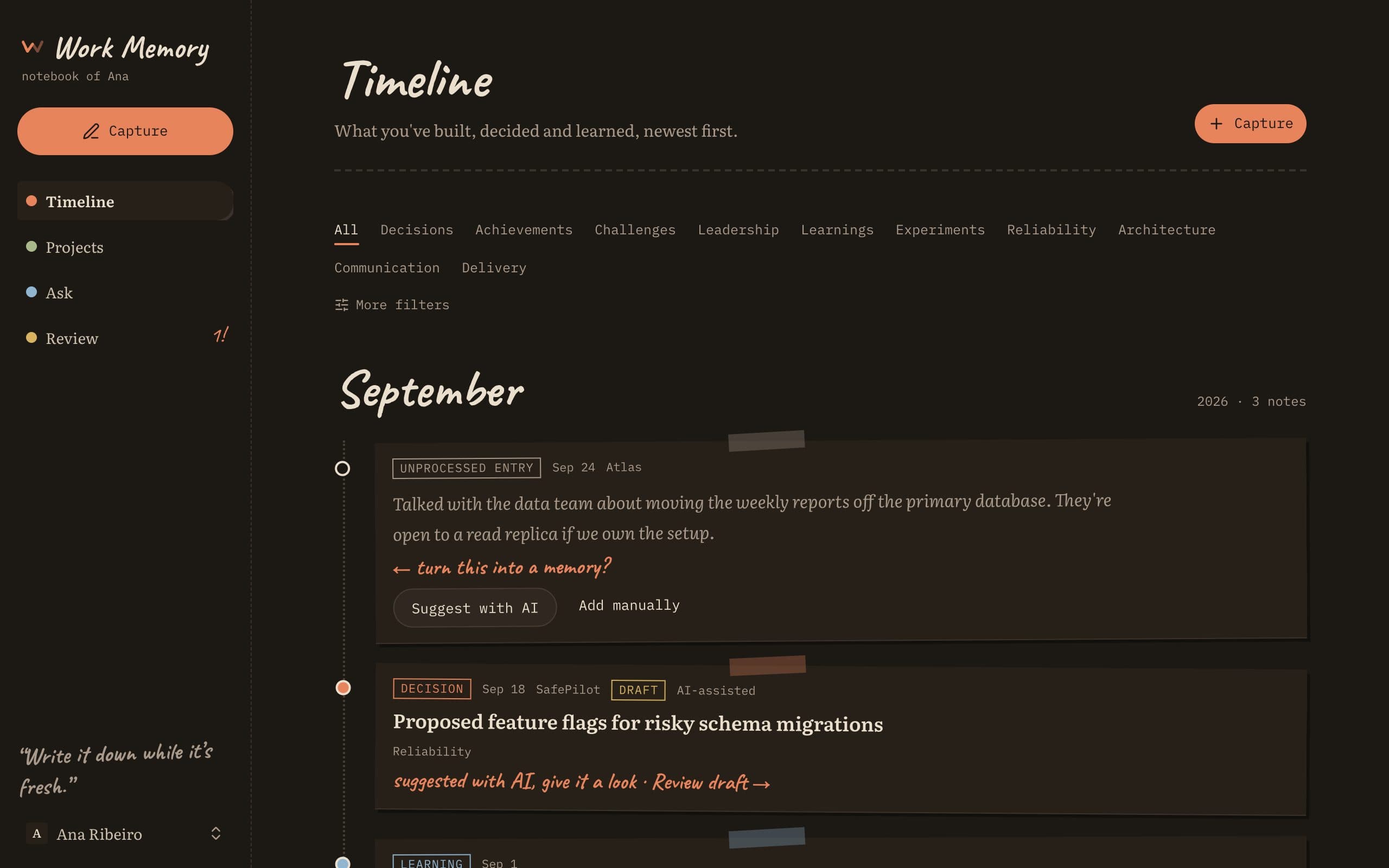 The timeline: every experience, newest first, with drafts waiting for review.