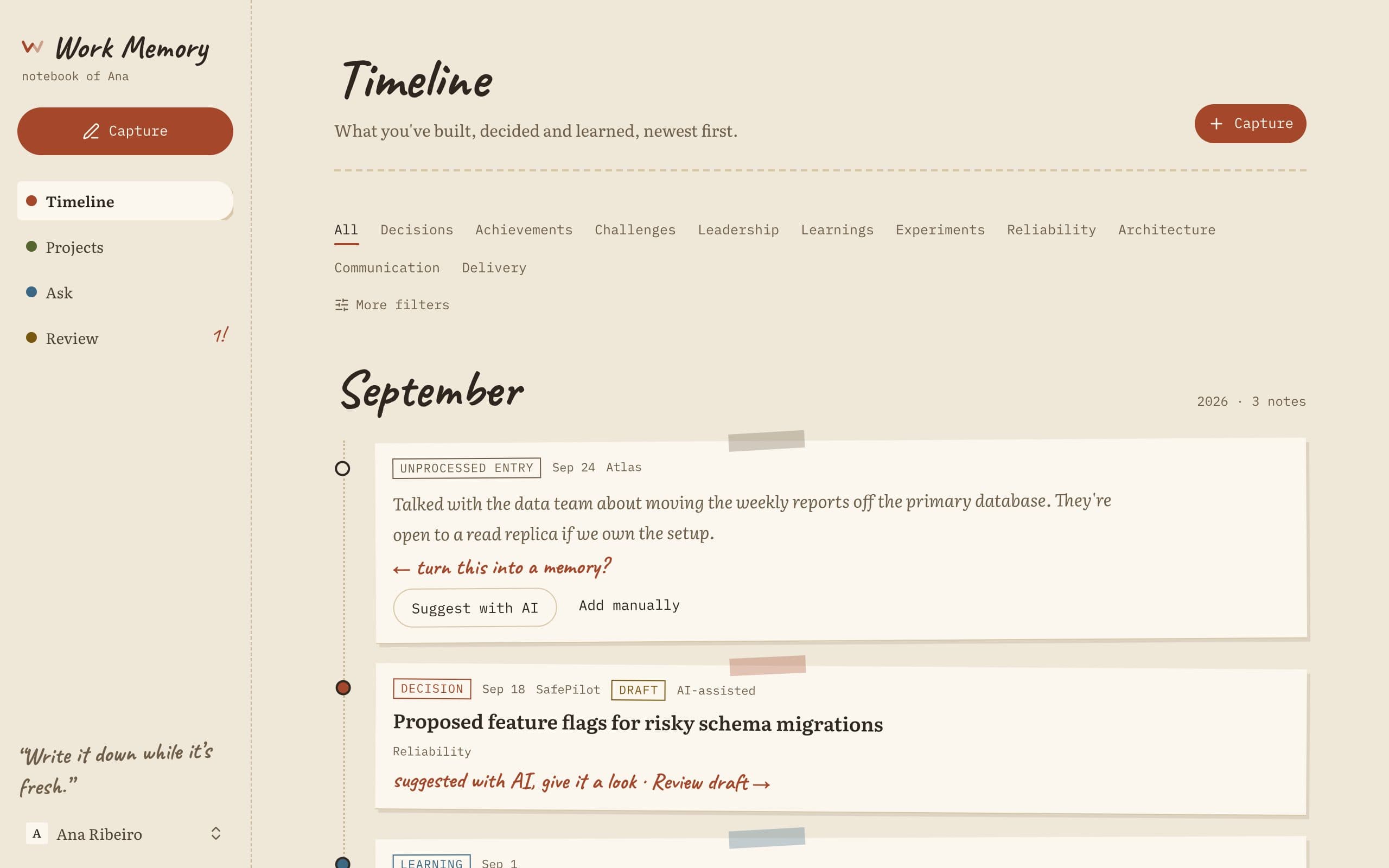 The timeline: every experience, newest first, with drafts waiting for review.